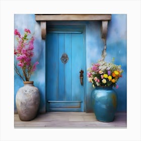 Blue wall. An old-style door in the middle, silver in color. There is a large pottery jar next to the door. There are flowers in the jar Spring oil colors. Wall painting.5 Canvas Print