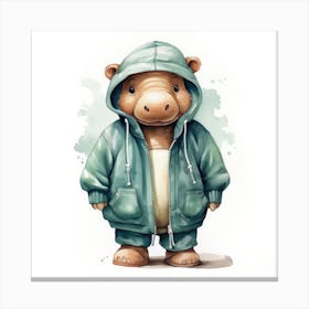 Watercolour Cartoon Hippopotamus In A Hoodie 1 Canvas Print