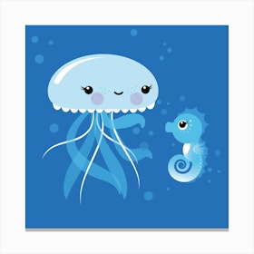 Best Friends Kawaii Jellyfish And Seahorse Square Canvas Print