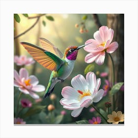 Whimsical Hummingbird With Rainbow Feathers Hovering Near Giant Pastel Flowers In An Enchanted Forest 1 Canvas Print