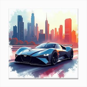 Aston Martin Valkyrie In A Vivid Watercolor City Skyline Setting Canvas Print