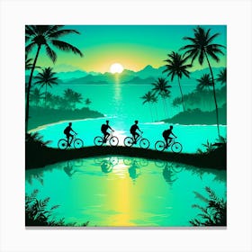 Beautiful Life of Youth, Riding Bicycle With Friends at Sunset Canvas Print