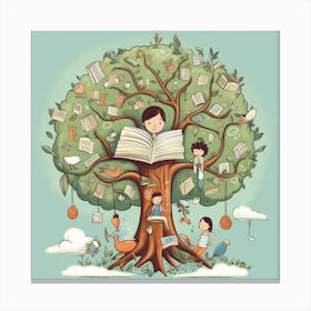 Children Reading Tree Canvas Print