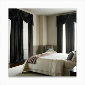 Bedroom With Black Curtains Canvas Print