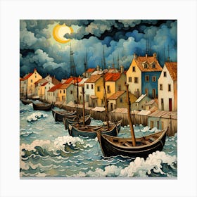 Vintage Boats On Stormy Sea Nightlife Canvas Print