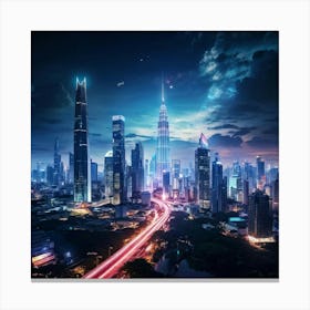 Bangkok Cityscape Set In A Futuristic Era Skyscrapers Ablaze With Neon Lights Merging Seamlessly W Canvas Print