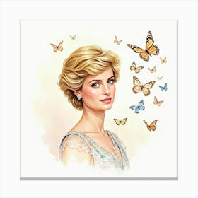 Princess Diana In A Watercolor Scene With Delicate Butterflies 1 Canvas Print