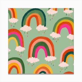 Rainbows And Raindrops Green Square Canvas Print