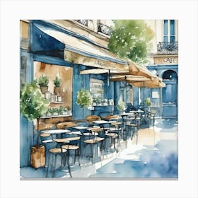 Paris Street Cafe Scene Illustration Sage Blue Watercolour 3 Art Print Canvas Print