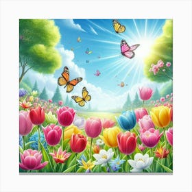 Colorful Tulips And Butterflies 1 Canvas Print