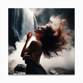 Beautiful Woman In Front Of Waterfall Canvas Print