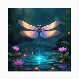 A Dreamy Dragonfly With Wings Of Shimmering, Neon Colors Hovering Over A Mystical Pond Canvas Print