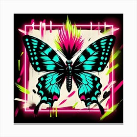 A Flashy Butterfly With A Neon Mohawk, Inspired By The Street Art Of Banksy, With A Bold Black And Neon Color Scheme, Where The Butterfly Is In Focus And The Background Is Blurred Into Neon Shapes, Framed With Abstract Brush Strokes 1 Canvas Print