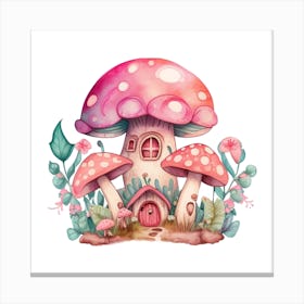 Watercolor Fairies Pink Mushroom House Canvas Print