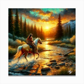 Cowboy Riding Across A Stream 8 Copy Canvas Print