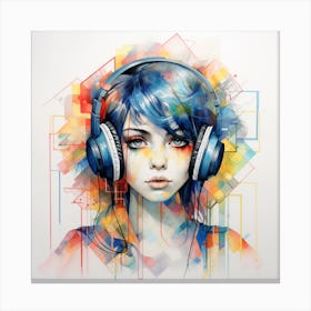Girl With Headphones Colourful Geometric Watercolour And Pencil Canvas Print