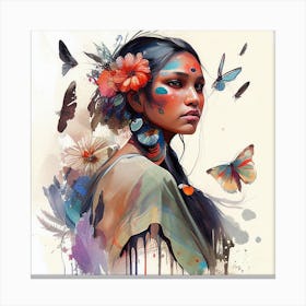 Watercolor Floral Indian Native Woman #3 Canvas Print