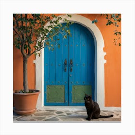 Greek Blue Door Cat (3) Canvas Print