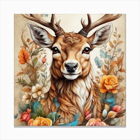 Deer With Flowers Canvas Print