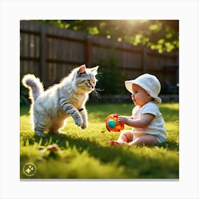 Baby Playing With Cat Canvas Print