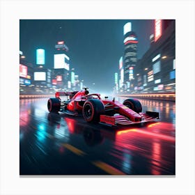 Formula Car Speeding Through A Rain Soaked Cityscape, Neon Reflections On The Road 1 Canvas Print