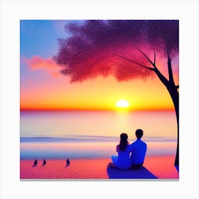 Couple Sitting On The Beach At Sunset 2 Canvas Print