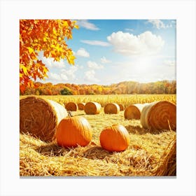 Autumn Harvest Scene Featuring Oversized Pumpkins Nestled Among Stalks Of Sunlit Corn Bales Of Hay (6) Canvas Print