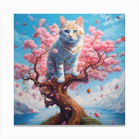 Cat In Cherry Blossom Tree Canvas Print