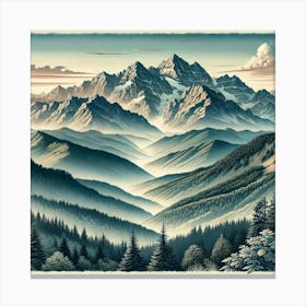 Majestic Mountain Ranges Printed Art A Panoramic Illustration Of Stunning Mountain Landscapes, Perfect For Bringing The Beauty And Serenity Of Nature Into Any Space Printed Art Canvas Print