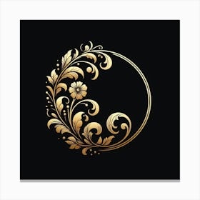 A golden circle of leaves and flowers on a black background, reminiscent of a vintage botanical illustration. Canvas Print