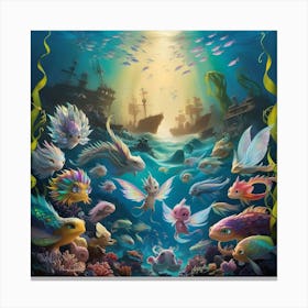 A Vibrant Whimsical Underwater Scene Featuring Different Sea Life  Canvas Print