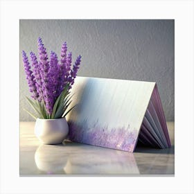 Lavender Flowers In A White Pot With A Book Canvas Print