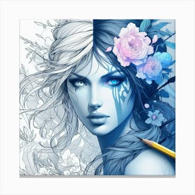 Girl With Blue Hair And Flowers Canvas Print