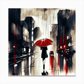 Rainy Day, Busy City, Charcoal, Woman Holding Umbrella, Red Canvas Print