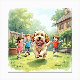 A Lively Cockapoo Playing In The Garden With Children, Watercolor 1 Canvas Print