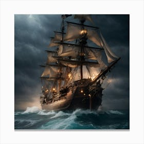 Pirate Ship In Stormy Sea Canvas Print
