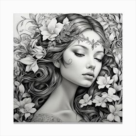 Black And White Drawing Of A Woman With Flowers Canvas Print