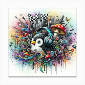 Penguin With Headphones 3 Canvas Print