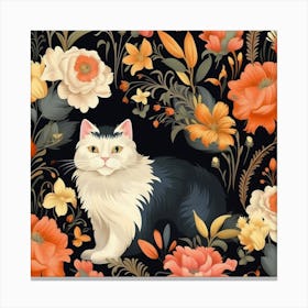 Floral Pattern With Cat Canvas Print