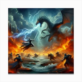 A Dramatic Battle Scene Featuring A Knight Fighting A Dragon In Fiery Ruins With Lightning Bolts Striking Dynamically Posed Combatants, Depicted In A Stylized Painterly Style 2 Canvas Print