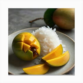Ripe mango peeled,showing yellow flesh inside.Place on a plate topped with thick coconut milk and soft white glutinous rice. Sprinkle with small crunchy soybeans.Topped with fresh coconut milk. White,thick,sticky and there was smoke aura spred all over a large golden and white aura attacked the white and gray aura. The background is a mango tree. With yellow mangoes, fully ripe, Phu Chao, bright sunlight, 4k resolution. 1 Canvas Print