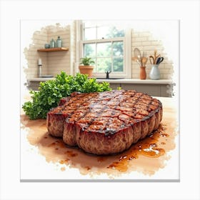 Watercolor Sketch Of A Tender And Juicy Grilled Steak On A Cozy Kitchen Table Canvas Print