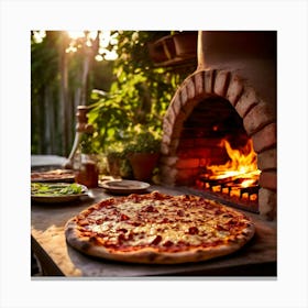 A Picturesque Italian Style Outdoor Pizza Oven With A Fiery Red Hot Interior Sizzling With Flames Canvas Print