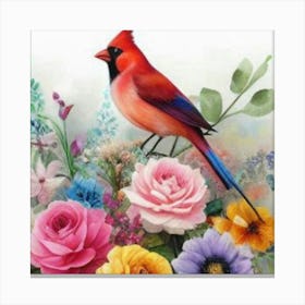 Cardinal Bird With Flowers Canvas Print