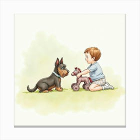 A Scottish Terrier And A Young Girl Playing With A Toy Horse, Watercolor 1 Canvas Print