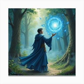 Sorcerer Controlling The Elements In An Enchanted Forest, Watercolor 1 1 Canvas Print