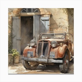 Old Car In Front Of House Canvas Print