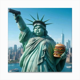 Statue Of Liberty Holding A Burger And A Gun Canvas Print