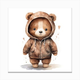 Watercolour Cartoon Brown Bear In A Hoodie 3 Canvas Print