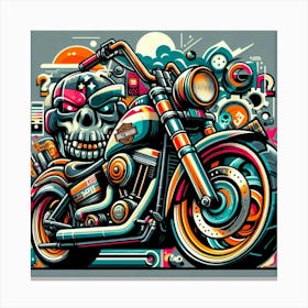 Harley Davidson Skull Motorcycle Vehicle Colorful Comic Graffiti Style - 3 Canvas Print